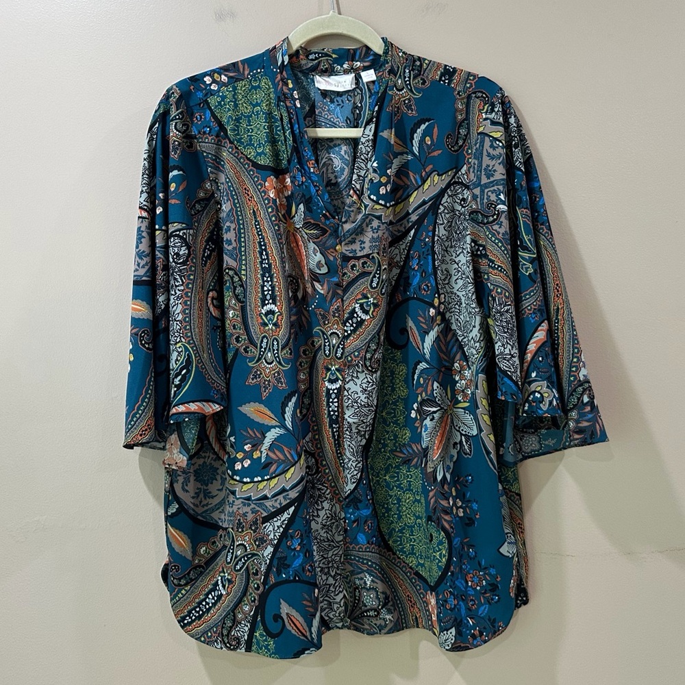 Belle By Kim Gravel Paisley Blouse Top Teal Blue Green V-Neck 3/4 Sleeve Women L